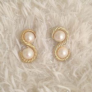 Gold Tone Double Faux Pearl Earrings